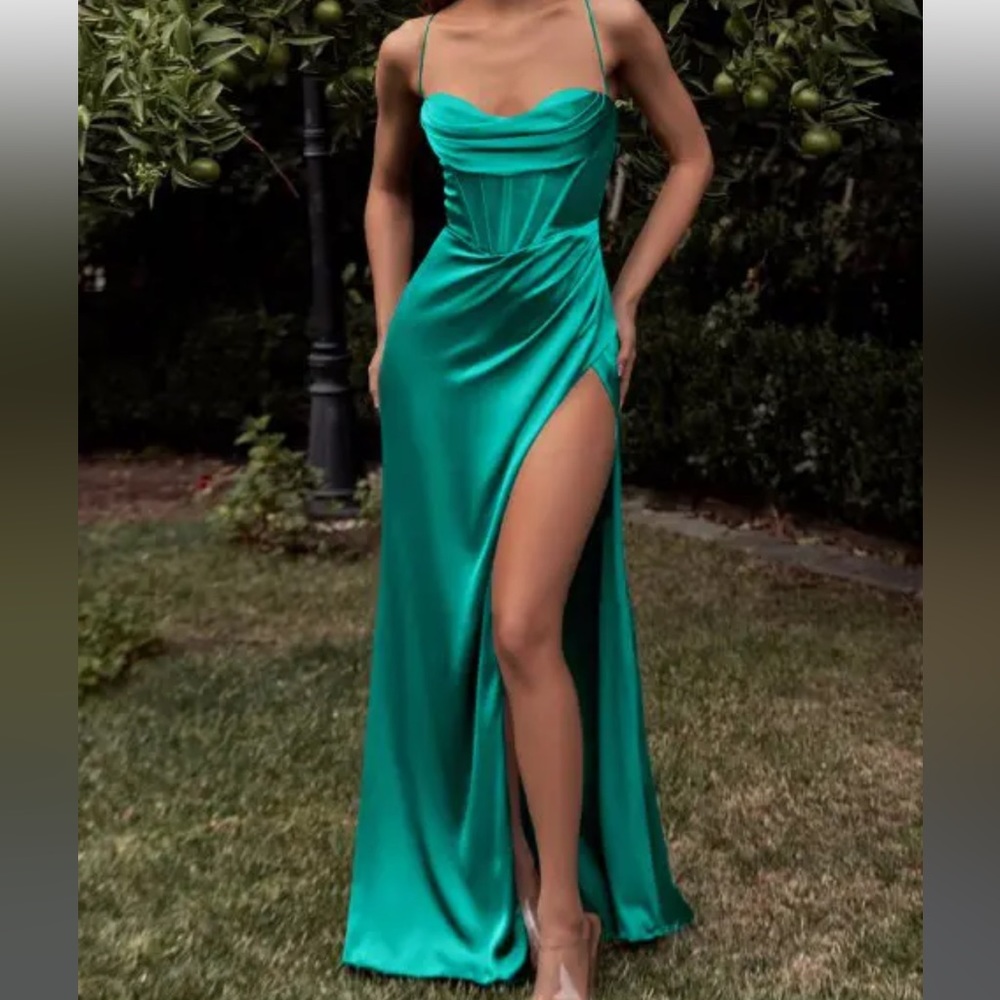 Satin Cowl Front Lace Up Slit Corset Dress - Deep Green S
